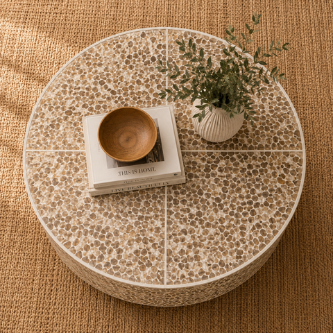Round Pearl Inlay Coffee Table with Brass Gold Base