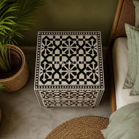 Bone Inlay Geometric Star 2-Drawer Bedside Table – Black & White