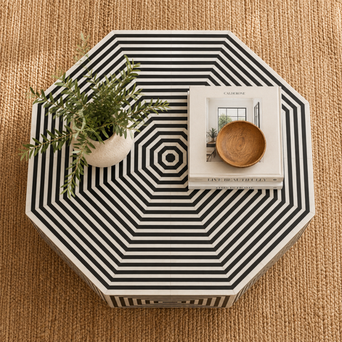 Octagonal Bone Inlay Geometric Coffee Table | Black & White |