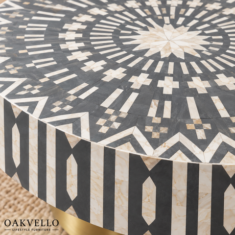 Floral Geometric Bone Inlay Coffee Table| Handcrafted Artisan Living Room Centre Table – Oakvello