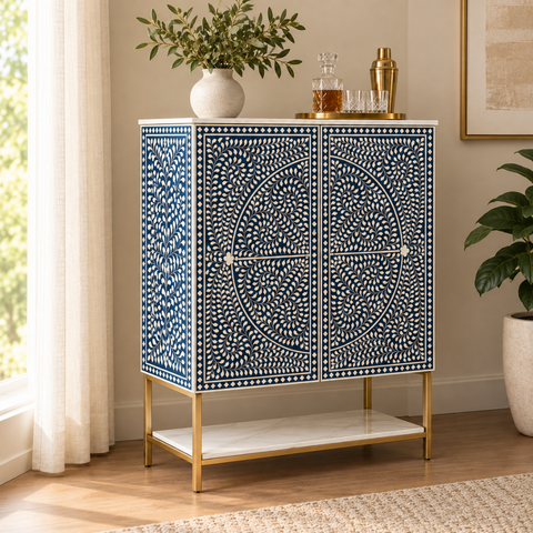 Blue & White Bone Inlay Bar Cabinet with Marble-Effect Top
