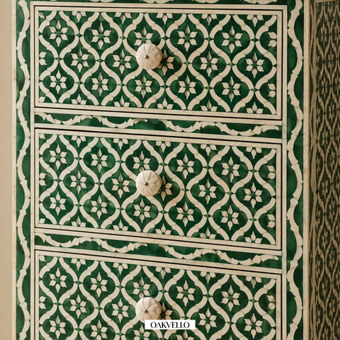 Bone Inlay Geometric Tall Chest of Drawers – Forest Green