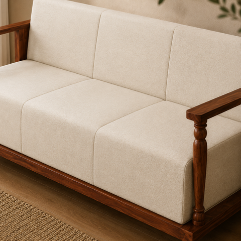 Crest Wood Sofa | Sheesham Wood & Cane 3-Seater Sofa | Oakvello