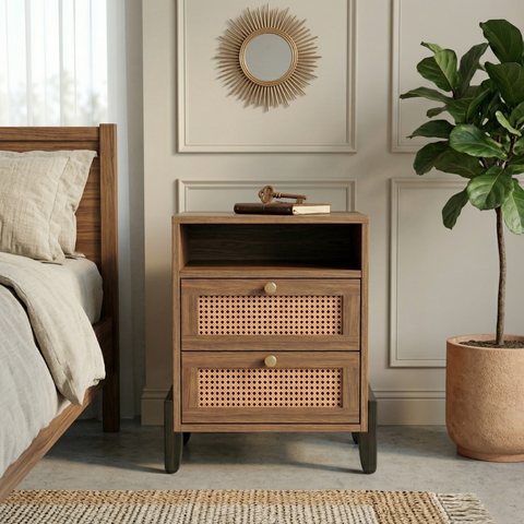 Veda Teak Wood Bedside Table | Heritage Mid-Century Nightstand – Oakvello