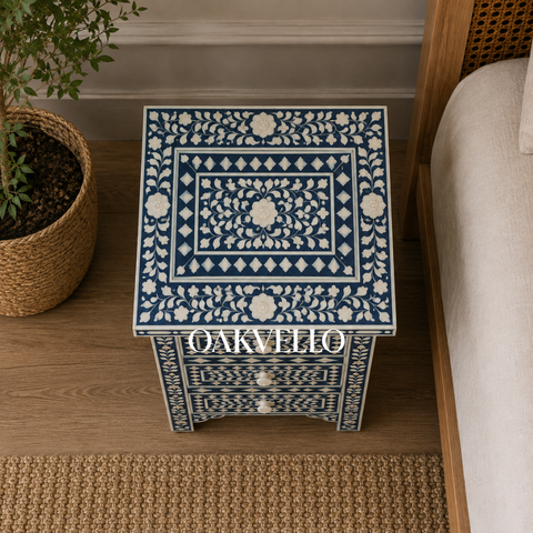 Indigo Garden Floral & Diamond Bone Inlay 3-Drawer Bedside Table