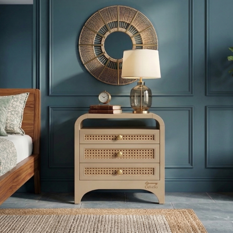 Aethel Teak Wood Cane Bedside Table | Mid-Century Nightstand – Oakvello