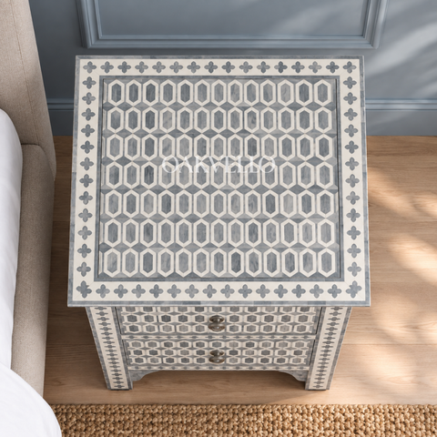 Bone Inlay Geometric 2-Drawer Bedside Table – Grey & White