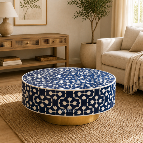 Navy Blue Star & Lotus Bone Inlay Round Coffee Table with Brass Base