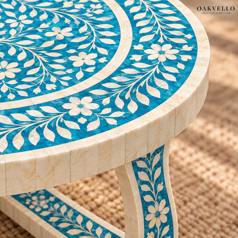 Oakvello Handcrafted Blue and White Bone Inlay Oval Coffee Table
