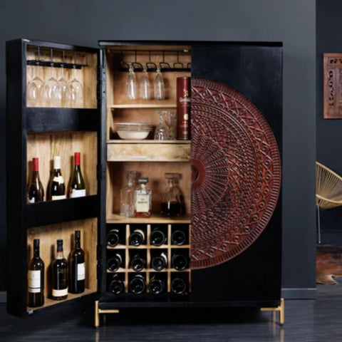 Mandala Solid Wood Bar Cabinet | Handcrafted Home Bar Storage – Oakvello