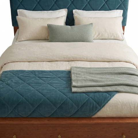 Caspian Solid Teak Wood Bed | Premium Upholstered Headboard – Oakvello