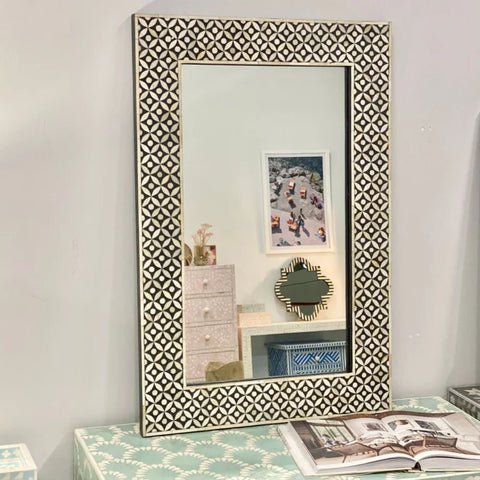 Geometric Bone Inlay Rectangle Mirror | Handcrafted Artisan Wall Decor – Oakvello