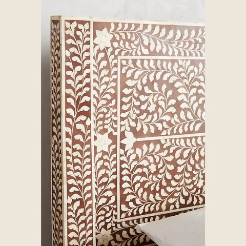 Brown Bone Inlay Solid Wood Bed | Handcrafted Luxury Bedroom Furniture – Oakvello