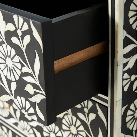 Jaipuri Black Bone Inlay Nightstand | Handcrafted Luxury Bedside Table – Oakvello