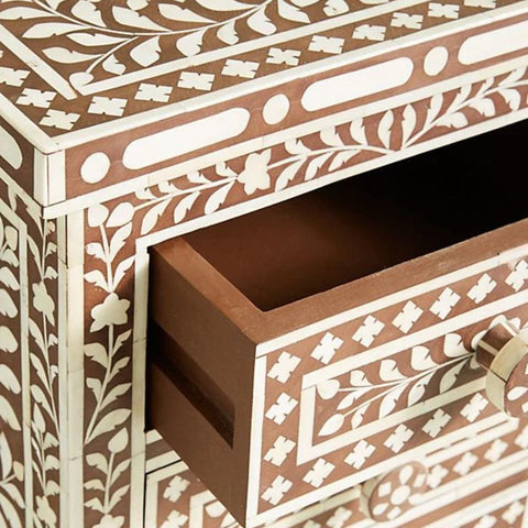 Jaipuri Floral Bone Inlay 3-Drawer Bedside Table | Handcrafted Nightstand – Oakvello