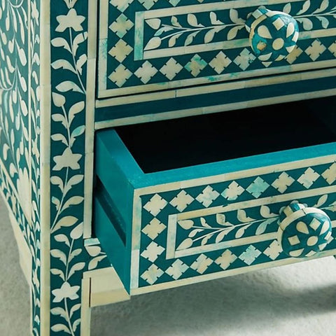 Ajmeri Teal Green Floral Bone Inlay 3-Drawer Bedside Table – Oakvello
