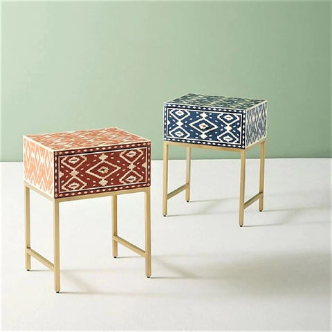 Ajmeri Orange Bone Inlay Bedside Table | Handcrafted Nightstand – Oakvello