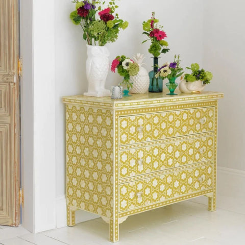 Yellow Floral Bone Inlay 3-Drawer Chest | Handcrafted Artisan Bedroom Storage – Oakvello