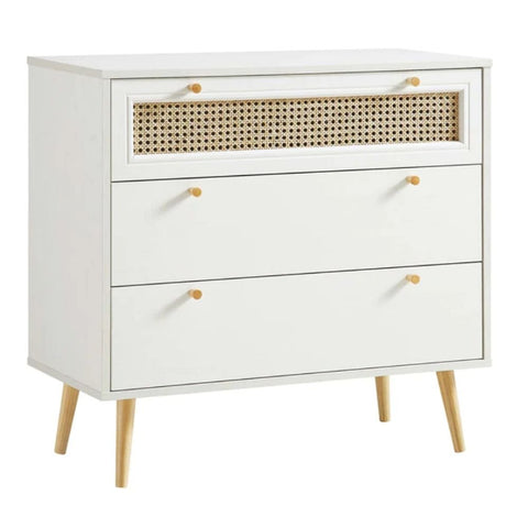 White Rattan 3-Drawer Chest | Boho Solid Wood Bedroom Dresser – Oakvello
