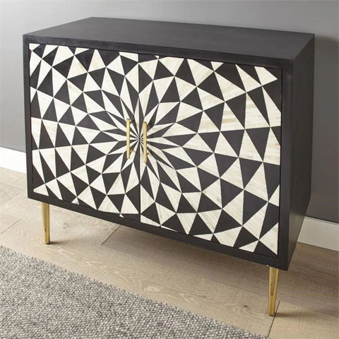 Jodhpuri Black & White Bone Inlay Cabinet | Artisan Storage Furniture – Oakvello