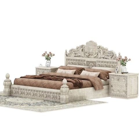 Indian Hand Carved Solid Wood Bed | Heritage Handcrafted Bedroom Furniture – Oakvello