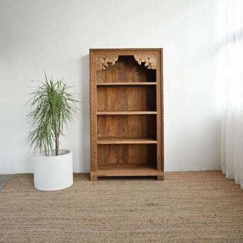 Hand Carved Solid Wood Storage Bookshelf with 3 Shelves | Living Room Display – Oakvello