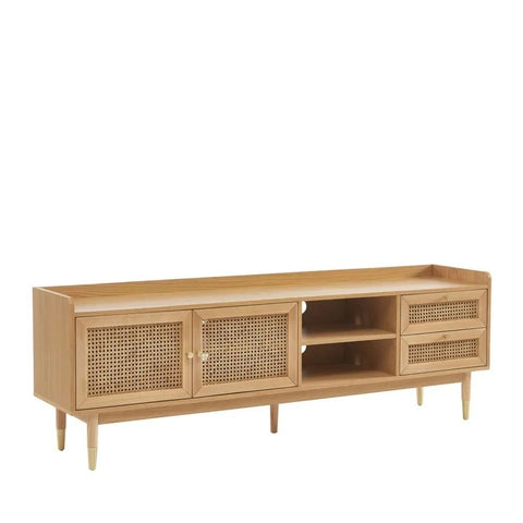 Solid Wood & Cane TV Cabinet | 2 Doors & 2 Drawers Media Console – Oakvello