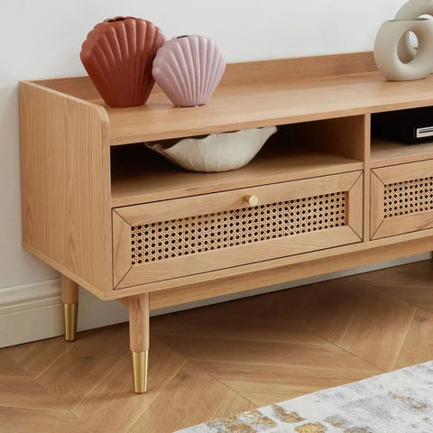 Solid Wood & Cane 2-Drawer TV Cabinet | Boho Media Console – Oakvello