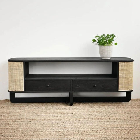 Solid Wood TV Unit with Cane Work | Boho Media Console & Living Room Storage – Oakvello