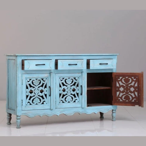 Vintage Carved Solid Mango Wood Cabinet & Sideboard with 3 Drawers – Oakvello