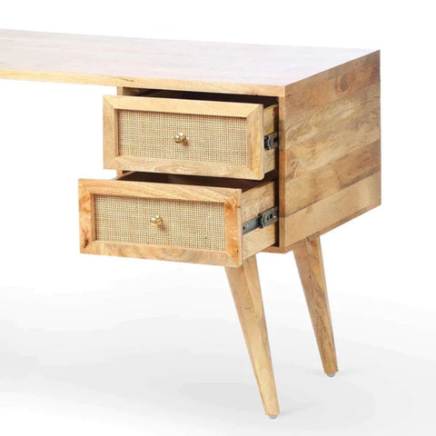 Rattan & Solid Wood Study Table | Boho Home Office Writing Desk – Oakvello