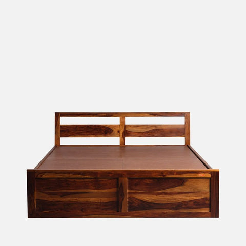 Teak Finish Solid Sheesham Wood Bed with Box Storage | Bedroom Furniture – Oakvello
