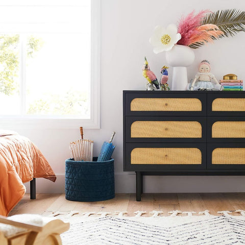 Maren Olive Green Cane Wood 6-Drawer Dresser | Boho Bedroom Storage – Oakvello
