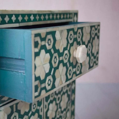 Jodhpuri Green Bone Inlay Side Drawer | Handcrafted Accent Storage – Oakvello