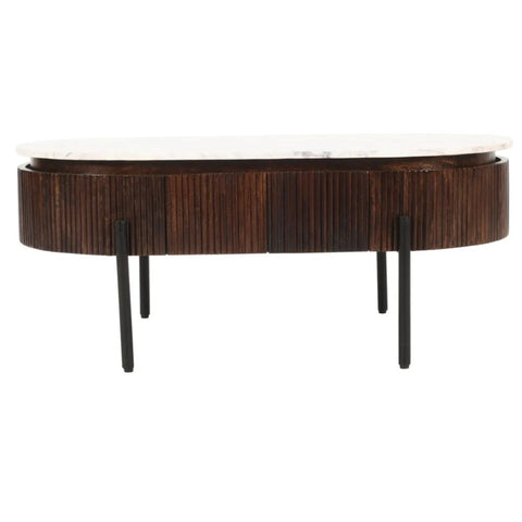 Jaipuri Fluted Mango Wood Coffee Table | Marble Top & Metal Legs – Oakvello