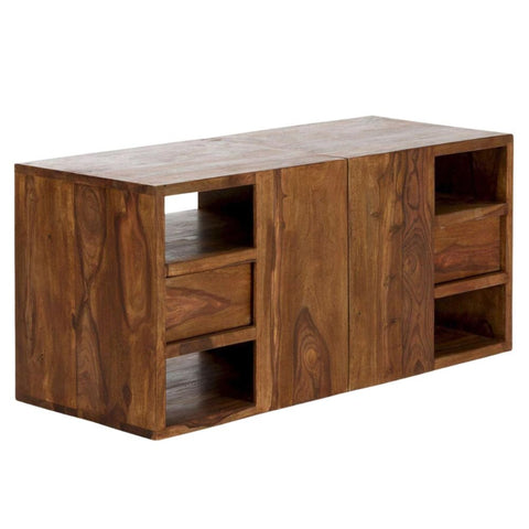 Solid Sheesham Wood TV Unit | 2 Drawers, 6 Adjustable Open Shelves & Sliding Storage – Oakvello