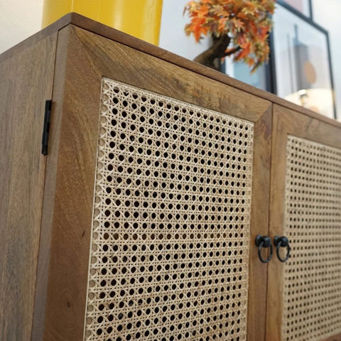 Solid Mango Wood & Cane Door Cabinet Sideboard | Boho Living Room Storage – Oakvello