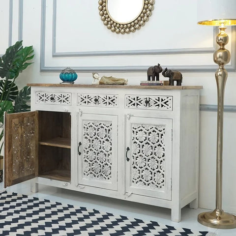 3-Door White Finish Solid Mango Wood Cabinet | Living Room Storage – Oakvello