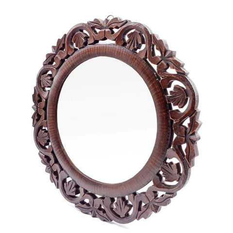 Brown Handcrafted Round Vanity Wall Mirror | 16x16 Inch Framed Wood – Oakvello