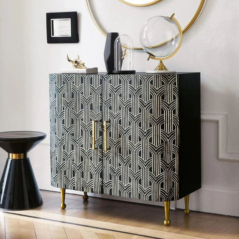 Ajmeri Black & White Bone Inlay Cabinet | Artisan Storage Furniture – Oakvello