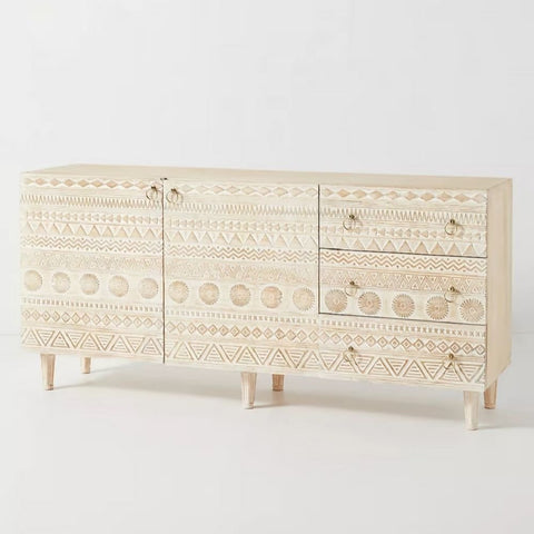 Carved Solid Mango Wood Sideboard | Handcrafted Living Room Storage – Oakvello