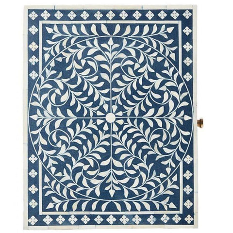 Jaipuri Dark Blue Bone Inlay Bedside Table | Handcrafted Nightstand – Oakvello