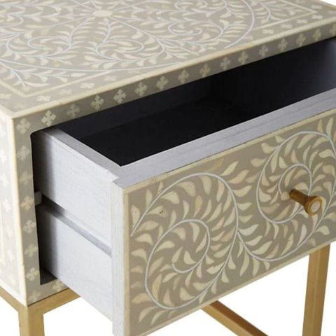 Kota Grey Bone Inlay Bedside Table | Handcrafted Artisan Nightstand – Oakvello
