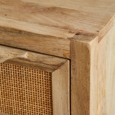 Rattan Webbed Solid Wood Side Table | Boho Living Room Accent Furniture – Oakvello