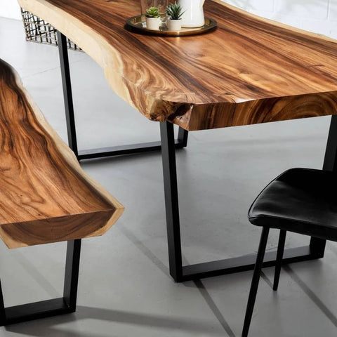 Live Edge Suar Wood Table | Natural Finish with Black U-Shaped Legs – Oakvello