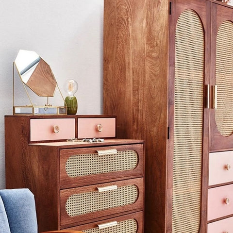 Rattan & Solid Wood Wardrobe | Boho Bedroom Storage Furniture – Oakvello