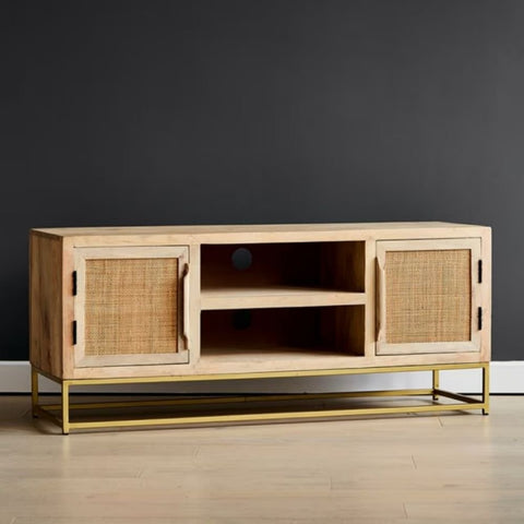 Rattan Webbed Solid Wood TV Unit | Boho Media Console & Living Room Storage – Oakvello