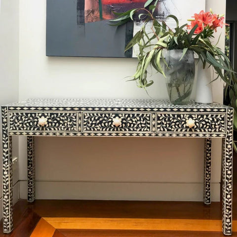 Black Bone Inlay Console Table | Handcrafted Artisan Entryway Furniture – Oakvello