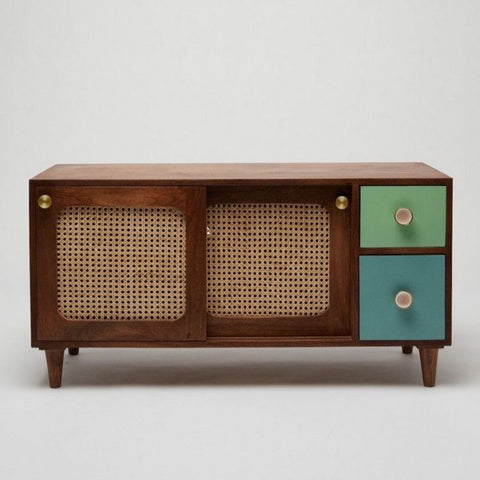 Rattan & Solid Wood TV Cabinet | Boho Media Console & Living Room Storage – Oakvello