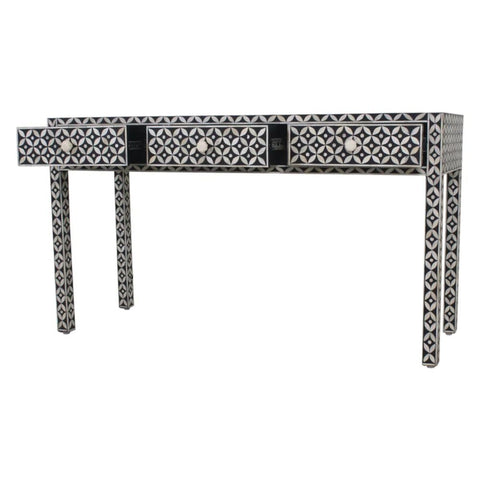 Black Geometric Bone Inlay Console Table | Handcrafted Artisan Entryway Furniture – Oakvello
